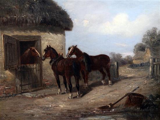 Thomas Smythe (1825-1907) Loading a haycart and horses beside a stable, 13 x 17in.